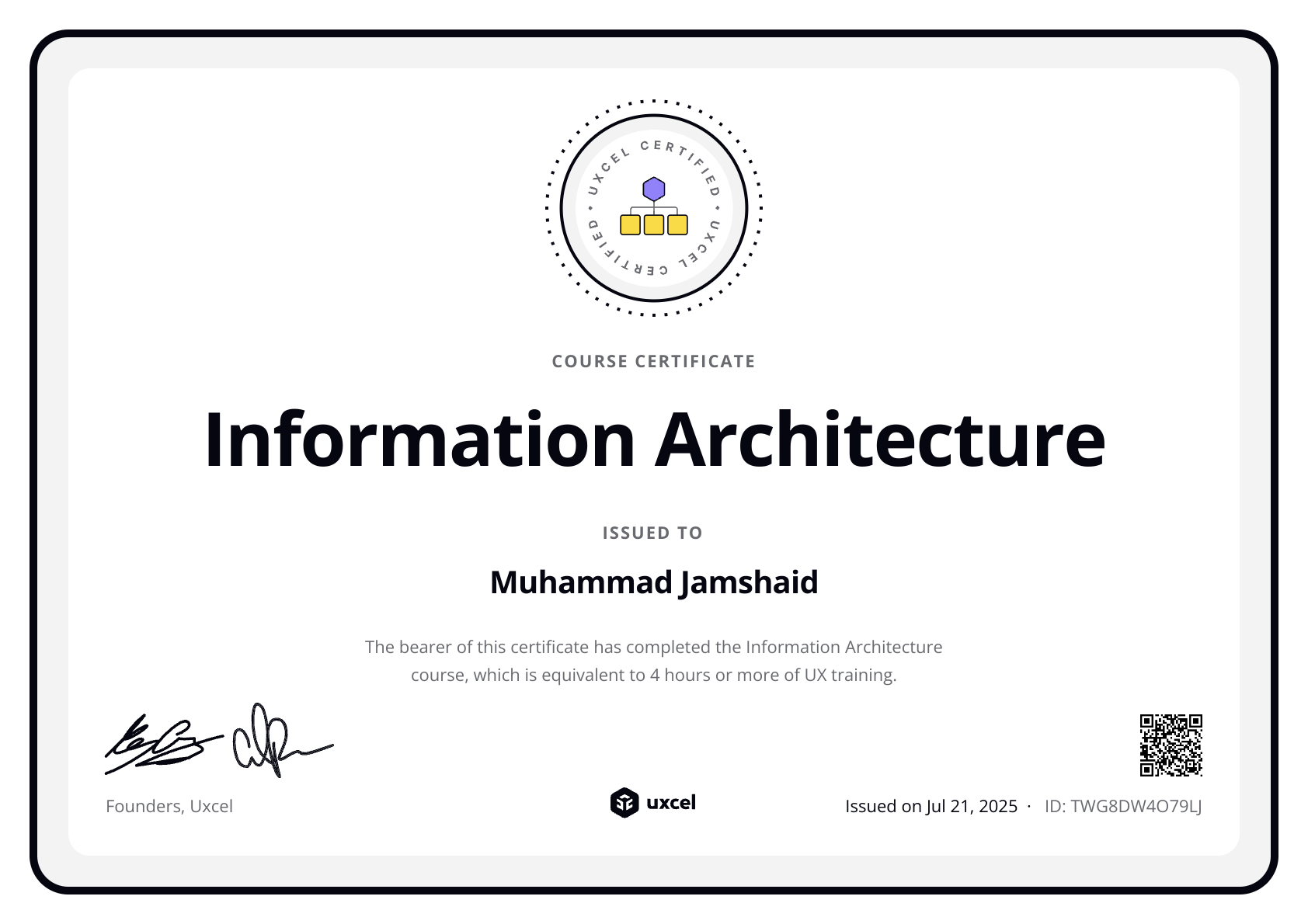 Muhammad Jamshaid's certificate